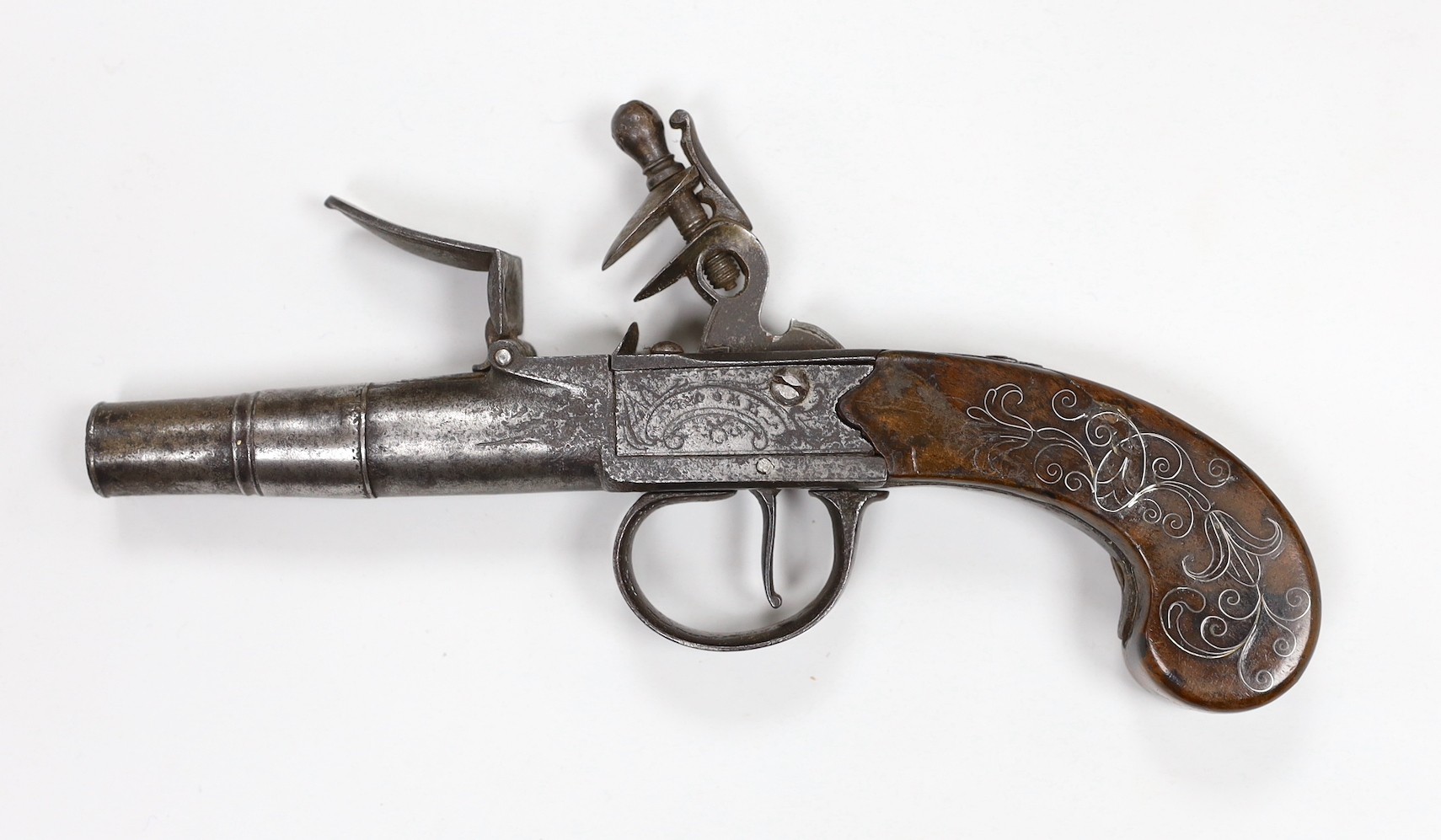 A Georgian flintlock pistol, the lock engraved ‘Brooke London’ and receipt